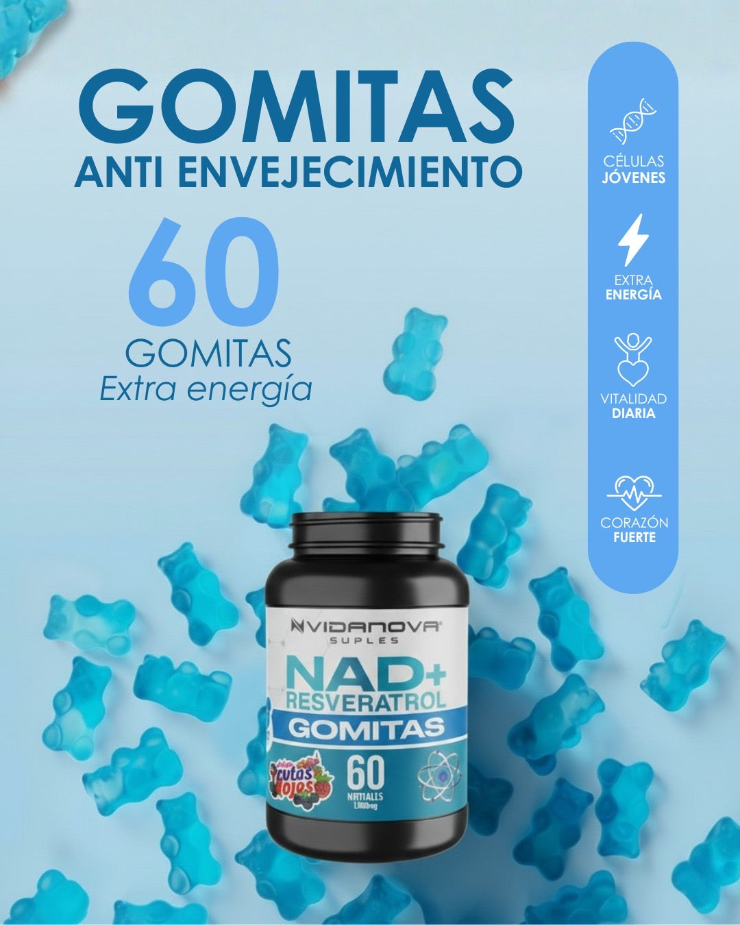 Gomitas NAD+ Resveratrol Antienvejecimiento – 60 Gomitas