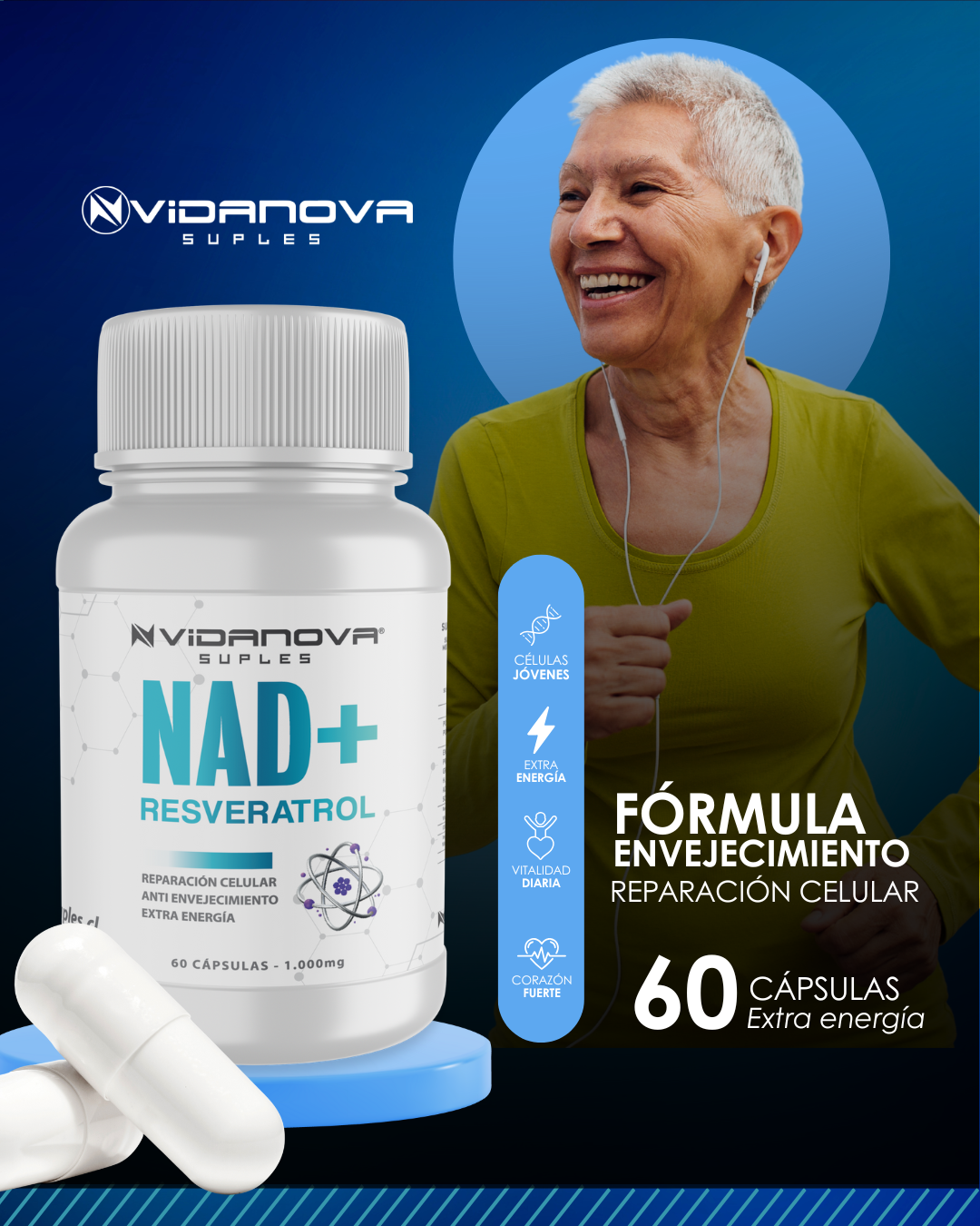 NAD+ Resveratrol 60 Cápsulas – Reparación Celular y Energía